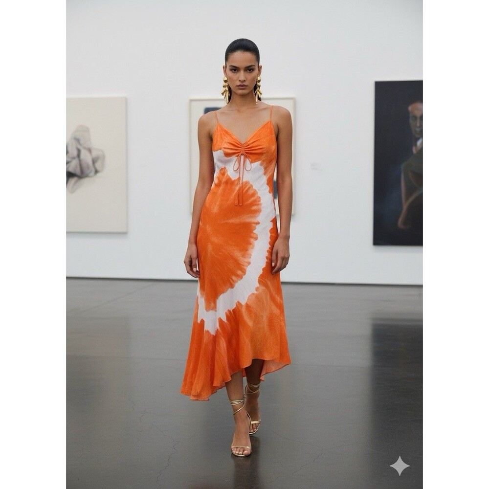 All Saints Alexia Marinana Slip Dress Orange Tie Dye Asymmetrical Hem Size 10